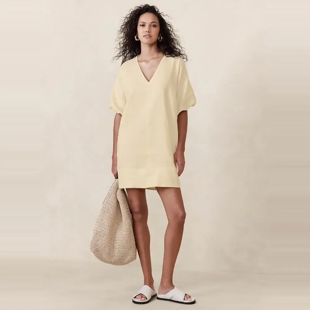 NEW Banana Republic Livia Linen Mini Shift Dress size Medium Butter Yellow